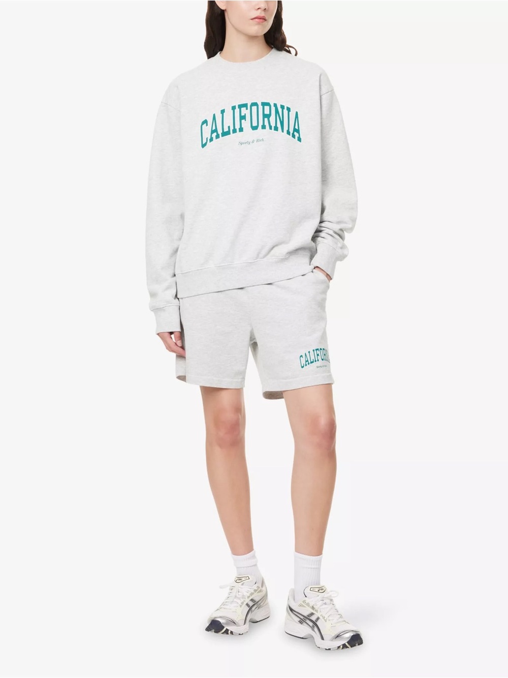 Sporty & Rich Light Gray California Graphic Athletic Shorts with Teal Print
